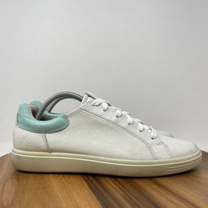 ECCO Soft 7 Shoes Womens 11 WIDE White Blue Sneaker Black Leather Casual Comfort